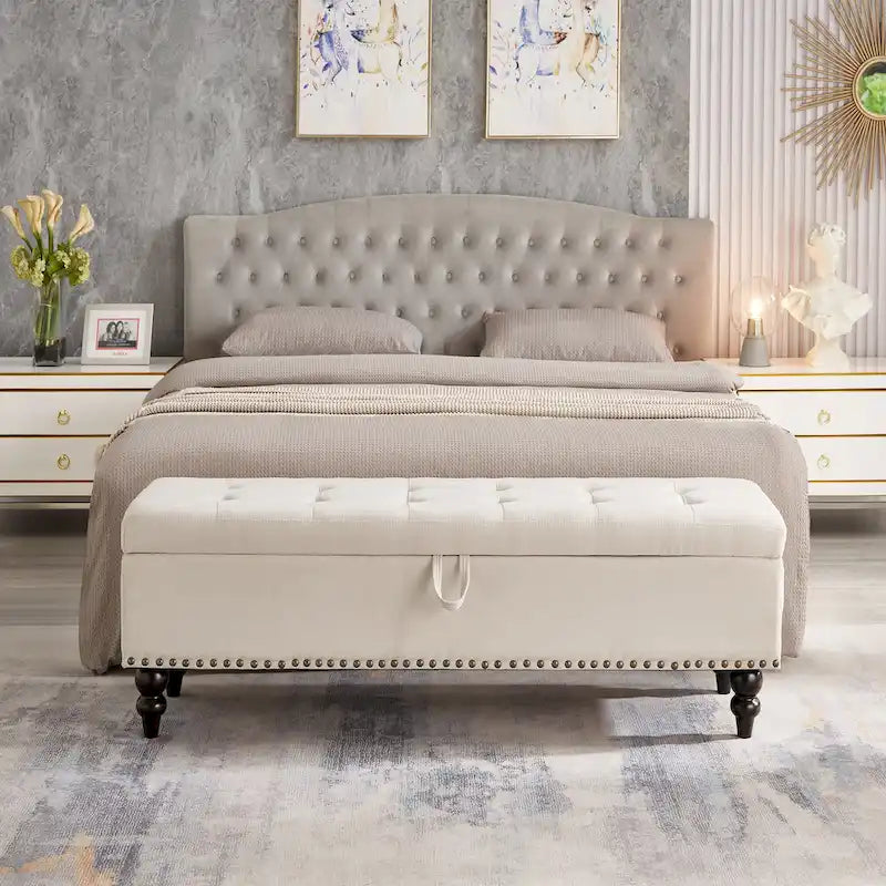 Soft Fabric Upholstery Storage Bench with Solid Wood Legs and Bronze Nails