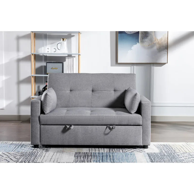 3-in-1 Linen Loveseat Convertible Sofa Bed with Side Pocket and Pillows