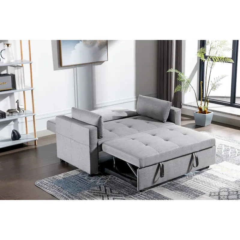 3-in-1 Linen Loveseat Convertible Sofa Bed with Side Pocket and Pillows