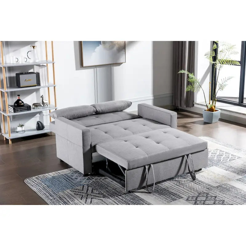 3-in-1 Linen Loveseat Convertible Sofa Bed with Side Pocket and Pillows