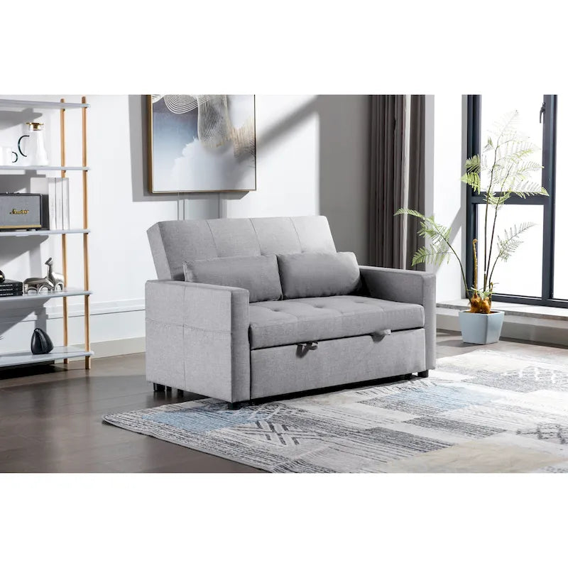 3-in-1 Linen Loveseat Convertible Sofa Bed with Side Pocket and Pillows