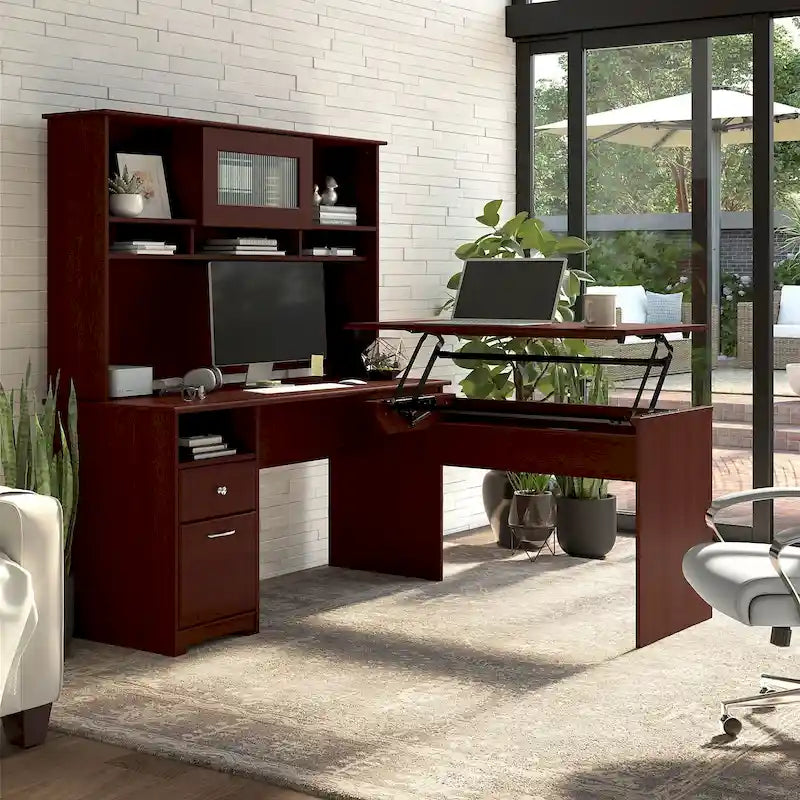 60W 3-position L-shaped Sit to Stand Desk with Hutch