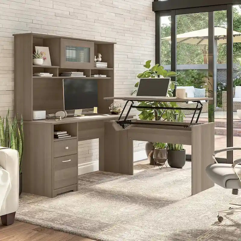 60W 3-position L-shaped Sit to Stand Desk with Hutch