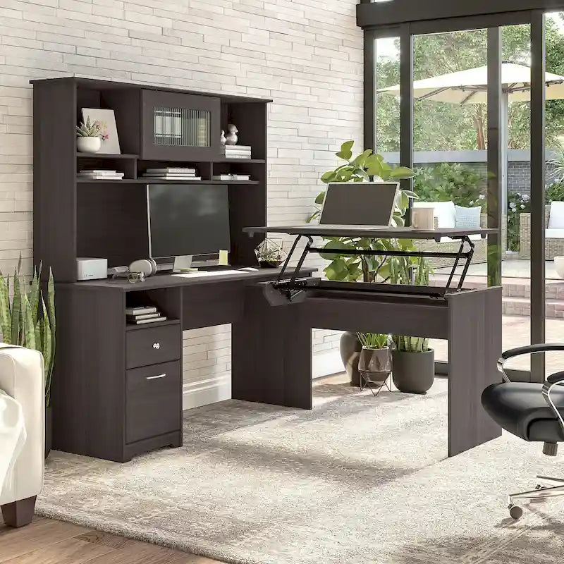 60W 3-position L-shaped Sit to Stand Desk with Hutch