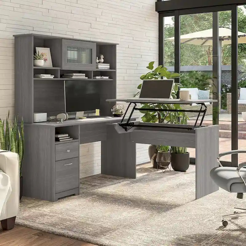 60W 3-position L-shaped Sit to Stand Desk with Hutch