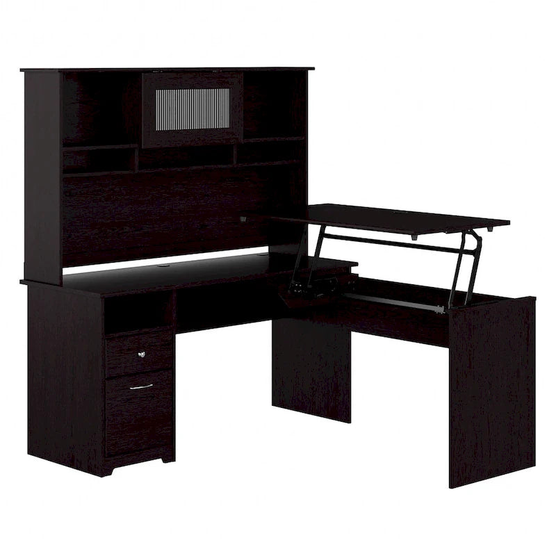 60W 3-position L-shaped Sit to Stand Desk with Hutch