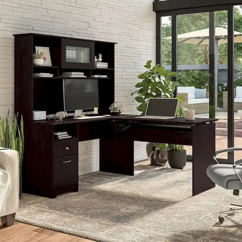 60W 3-position L-shaped Sit to Stand Desk with Hutch