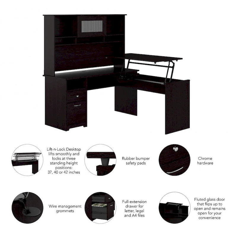 60W 3-position L-shaped Sit to Stand Desk with Hutch