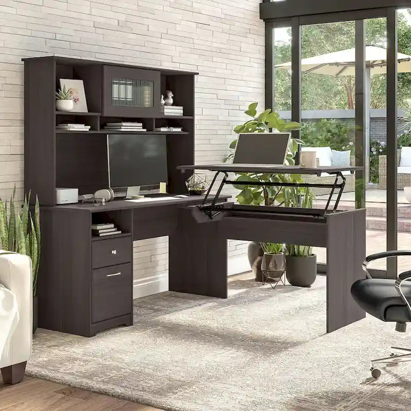 60W 3-position L-shaped Sit to Stand Desk with Hutch