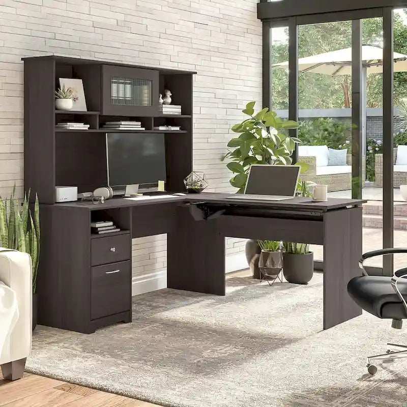 60W 3-position L-shaped Sit to Stand Desk with Hutch