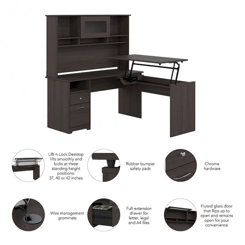 60W 3-position L-shaped Sit to Stand Desk with Hutch