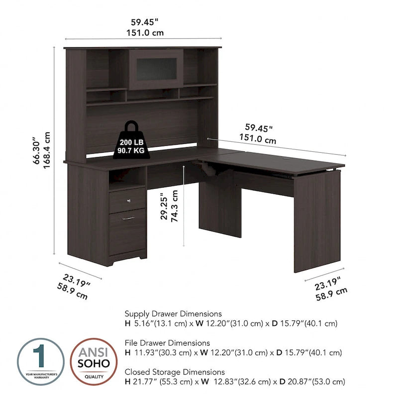 60W 3-position L-shaped Sit to Stand Desk with Hutch