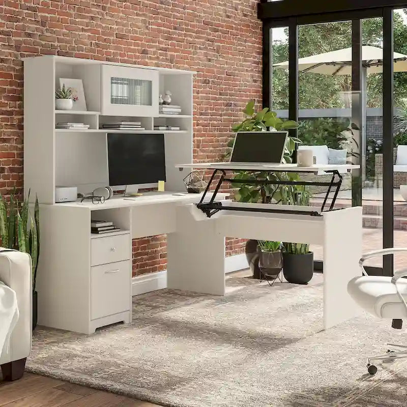 60W 3-position L-shaped Sit to Stand Desk with Hutch
