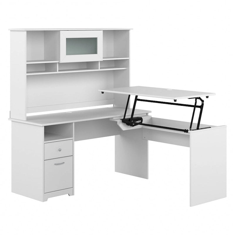 60W 3-position L-shaped Sit to Stand Desk with Hutch