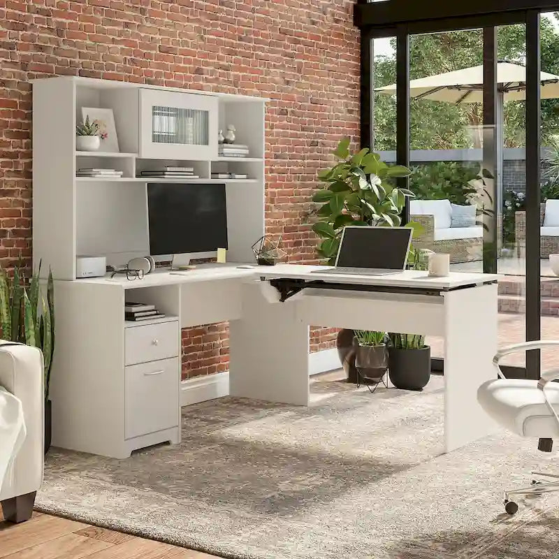 60W 3-position L-shaped Sit to Stand Desk with Hutch