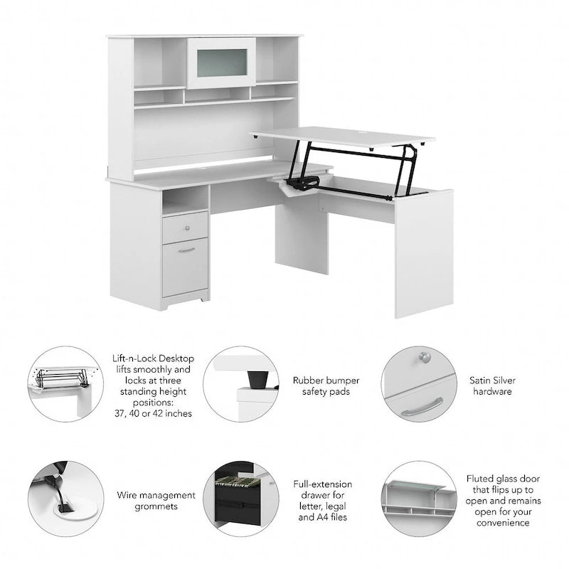 60W 3-position L-shaped Sit to Stand Desk with Hutch