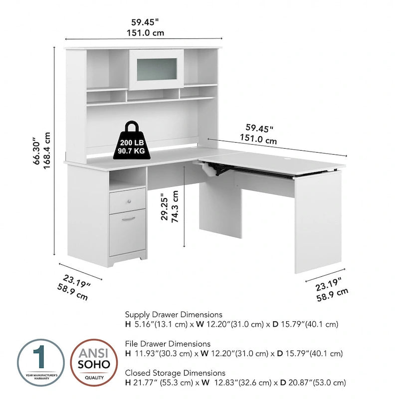 60W 3-position L-shaped Sit to Stand Desk with Hutch