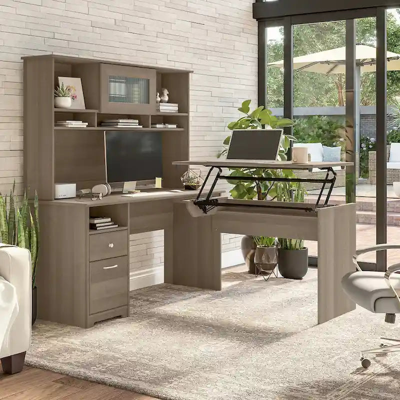 60W 3-position L-shaped Sit to Stand Desk with Hutch
