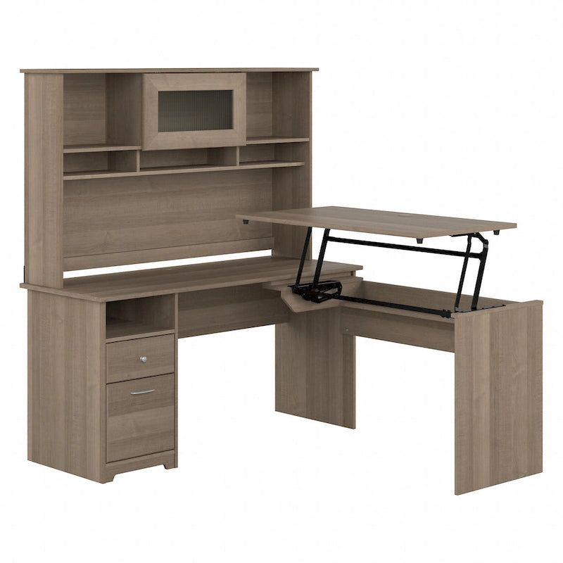60W 3-position L-shaped Sit to Stand Desk with Hutch
