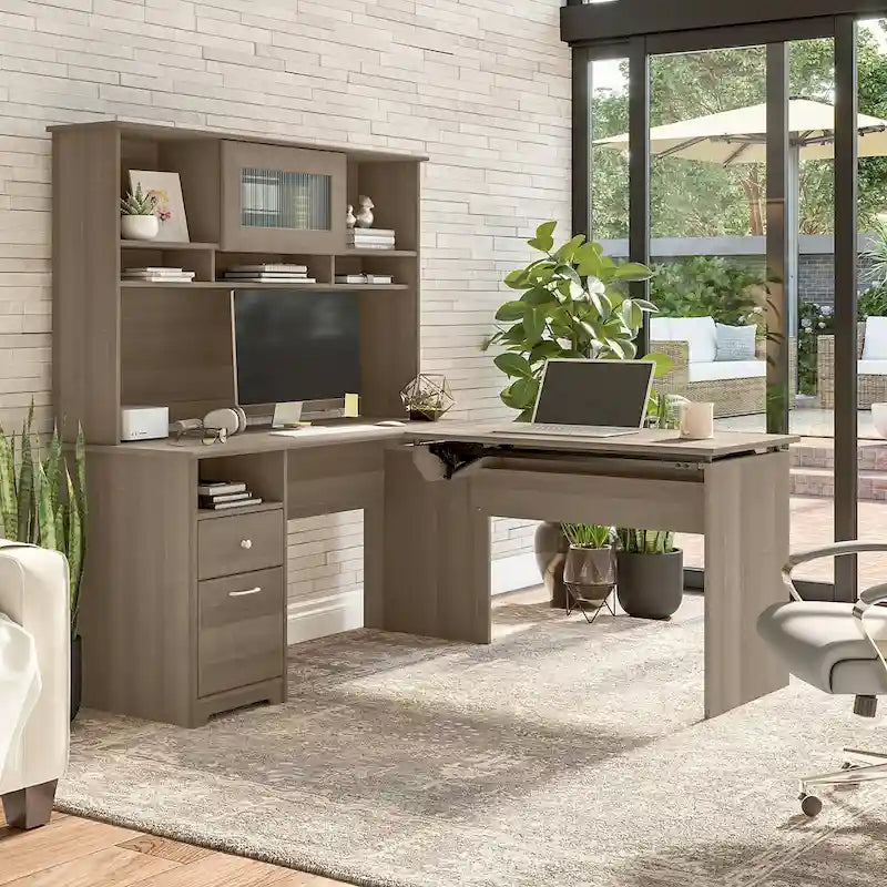 60W 3-position L-shaped Sit to Stand Desk with Hutch