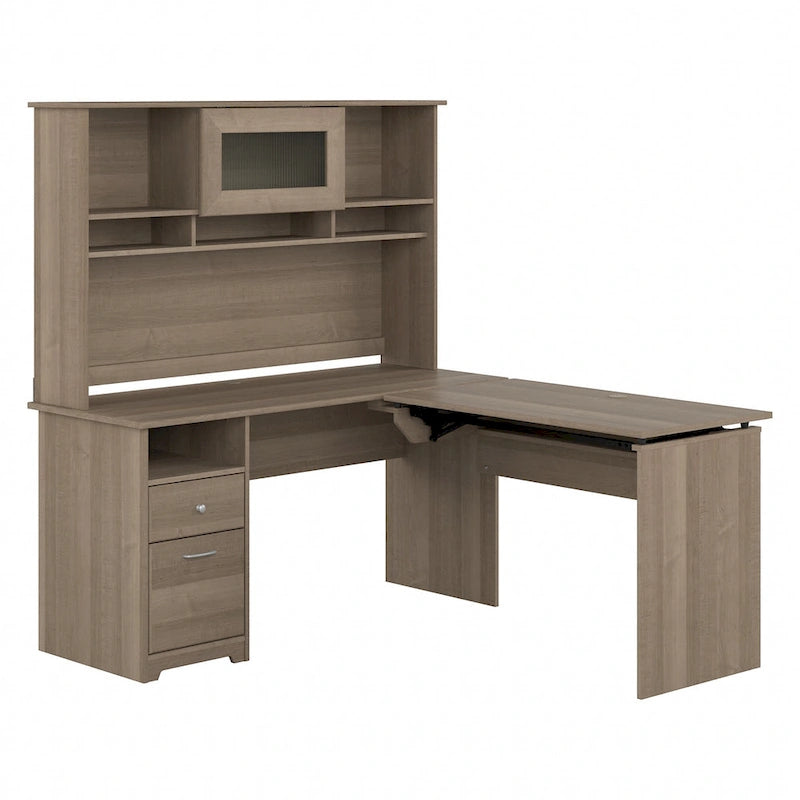 60W 3-position L-shaped Sit to Stand Desk with Hutch