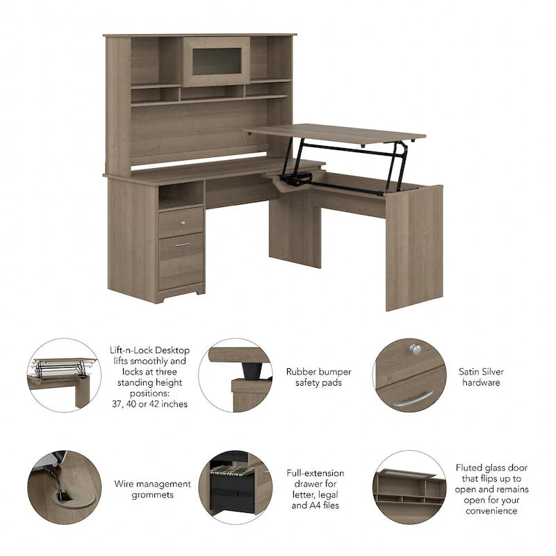 60W 3-position L-shaped Sit to Stand Desk with Hutch