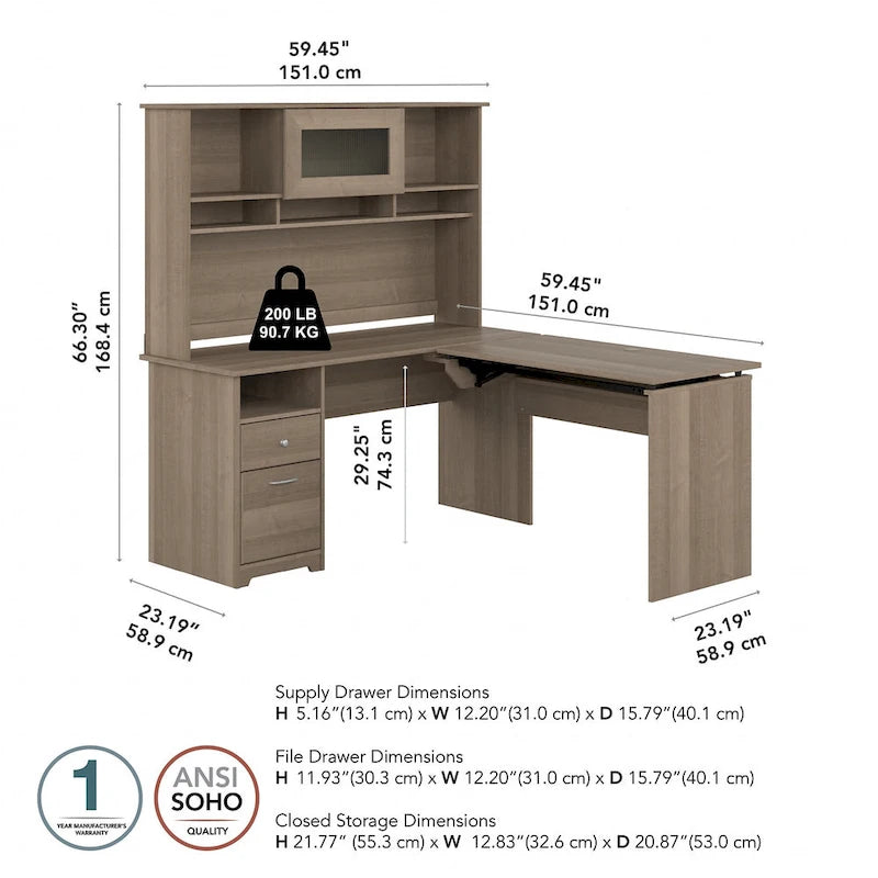 60W 3-position L-shaped Sit to Stand Desk with Hutch