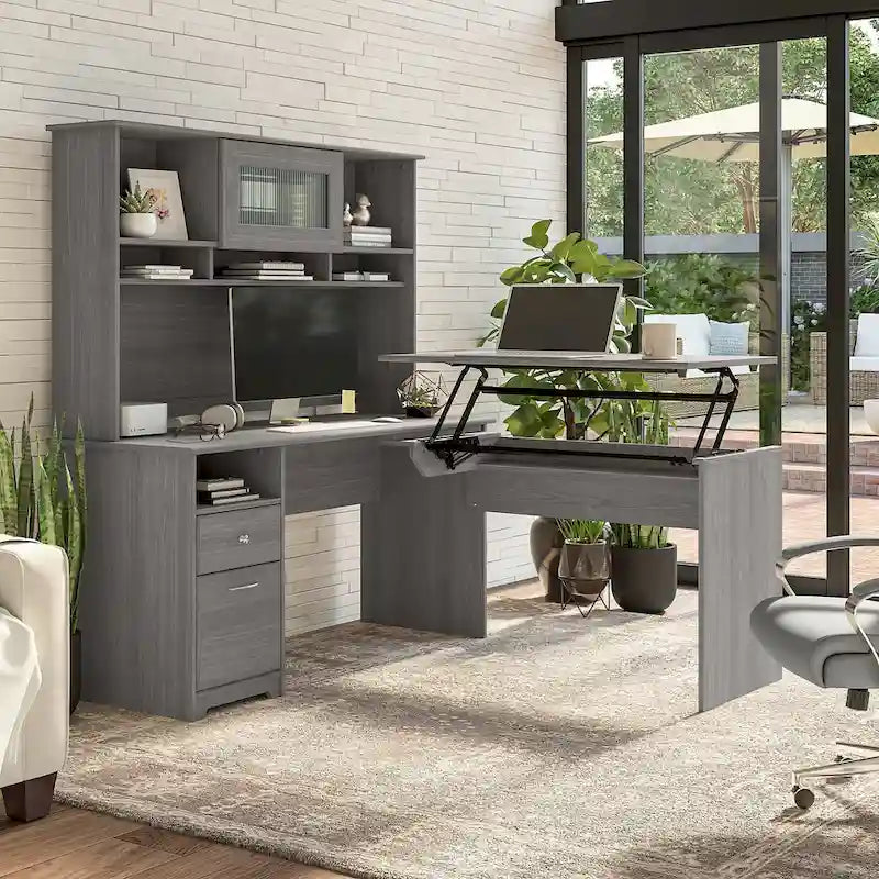 60W 3-position L-shaped Sit to Stand Desk with Hutch