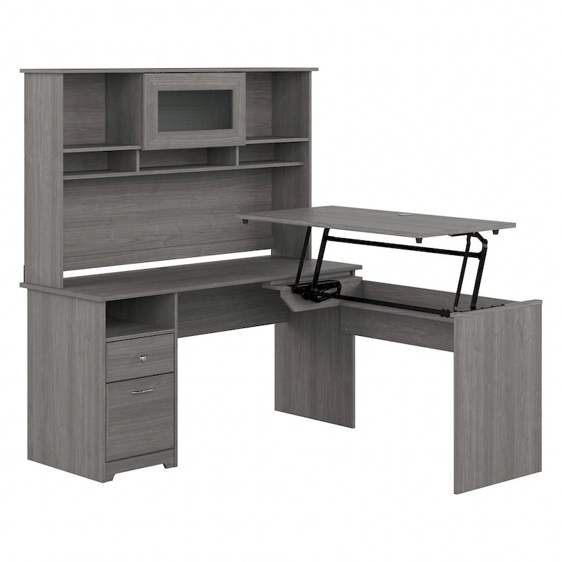 60W 3-position L-shaped Sit to Stand Desk with Hutch