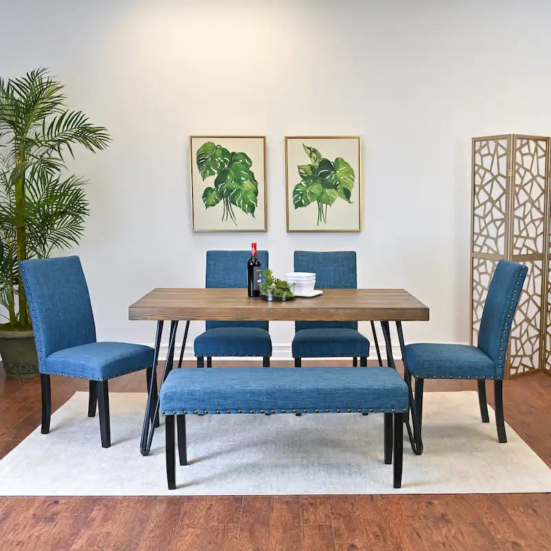 Mid-Century Modern Rectangular Dining Table with Brass Nailhead Chairs and Metallic Hairpin Legs for Kitchen Living Room