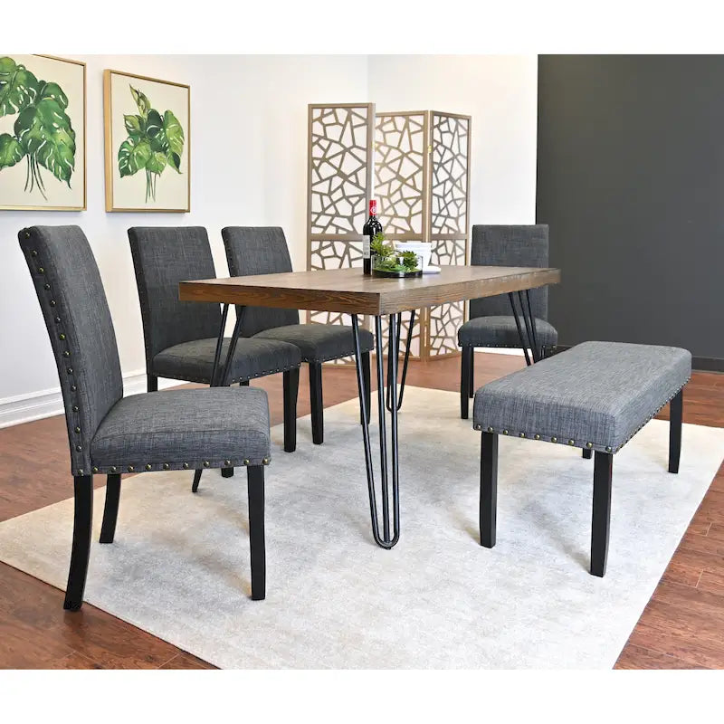 Mid-Century Modern Rectangular Dining Table with Brass Nailhead Chairs and Metallic Hairpin Legs for Kitchen Living Room