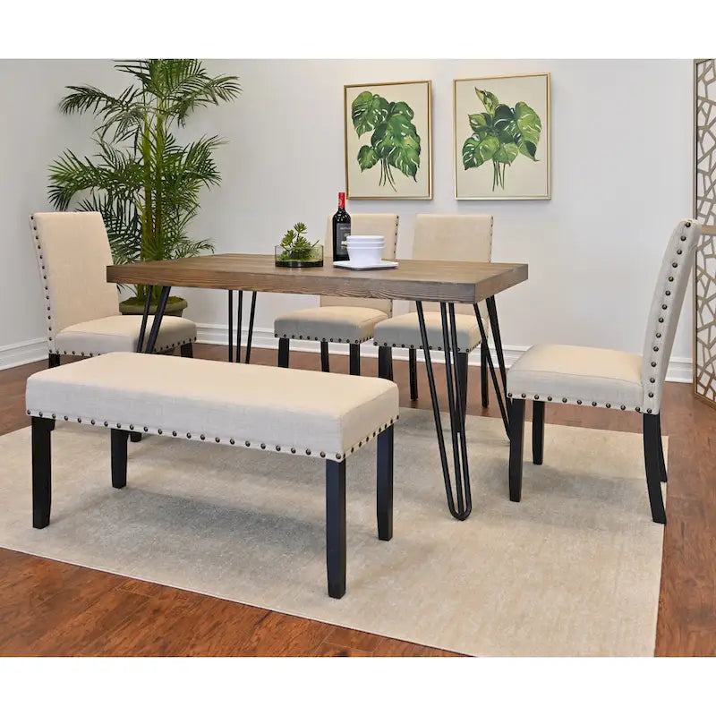 Mid-Century Modern Rectangular Dining Table with Brass Nailhead Chairs and Metallic Hairpin Legs for Kitchen Living Room