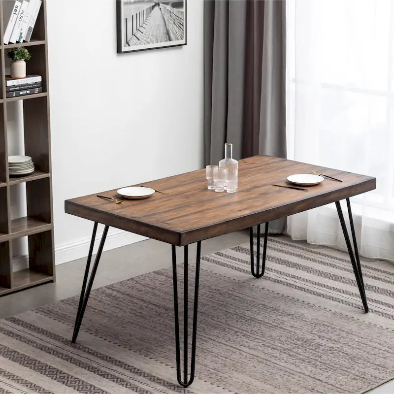 Mid-Century Modern Rectangular Dining Table with Brass Nailhead Chairs and Metallic Hairpin Legs for Kitchen Living Room