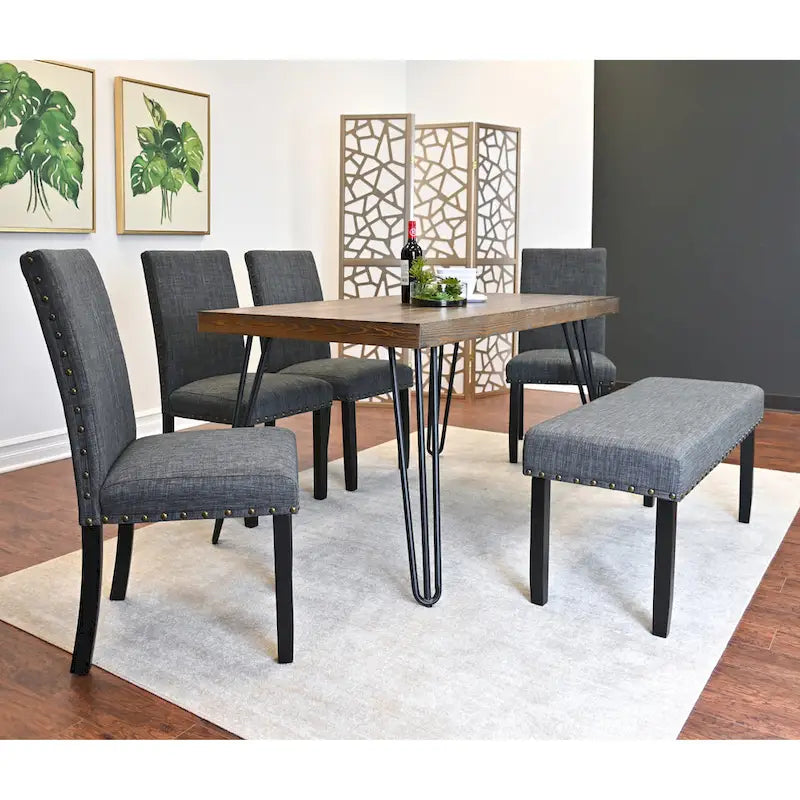 Mid-Century Modern Rectangular Dining Table with Brass Nailhead Chairs and Metallic Hairpin Legs for Kitchen Living Room