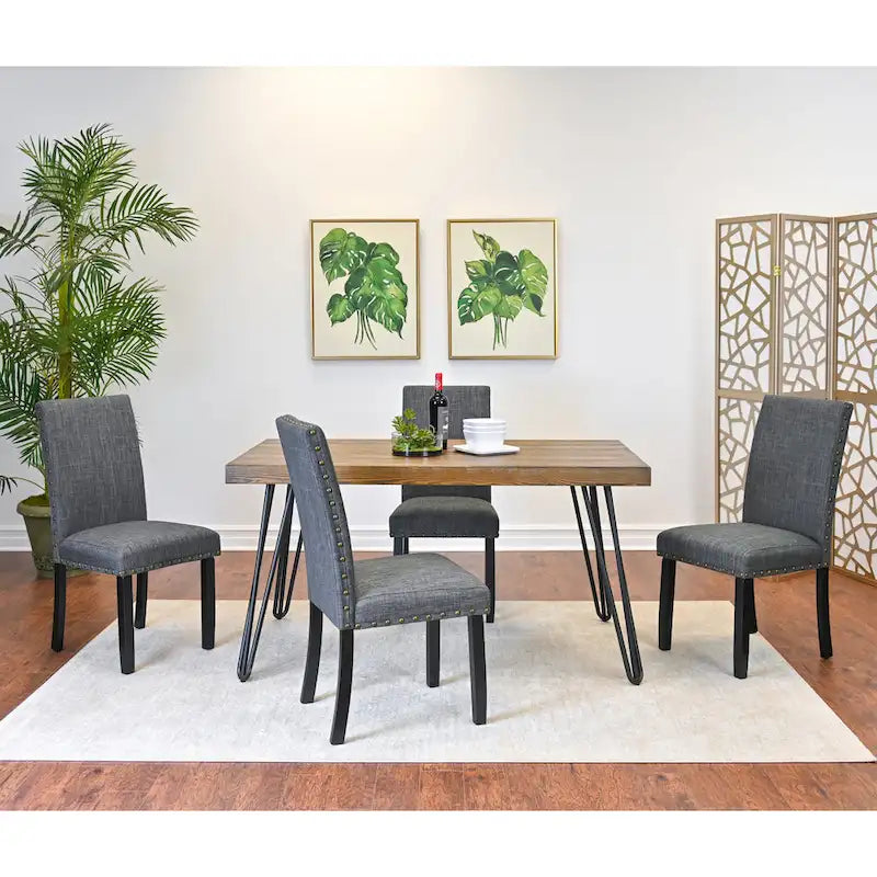 Mid-Century Modern Rectangular Dining Table with Brass Nailhead Chairs and Metallic Hairpin Legs for Kitchen Living Room