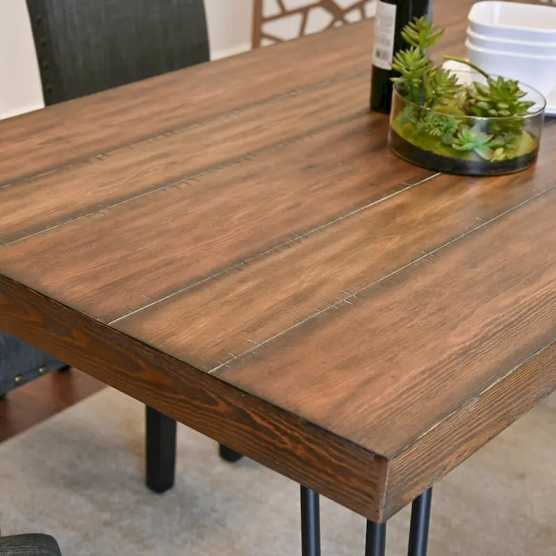 Mid-Century Modern Rectangular Dining Table with Brass Nailhead Chairs and Metallic Hairpin Legs for Kitchen Living Room