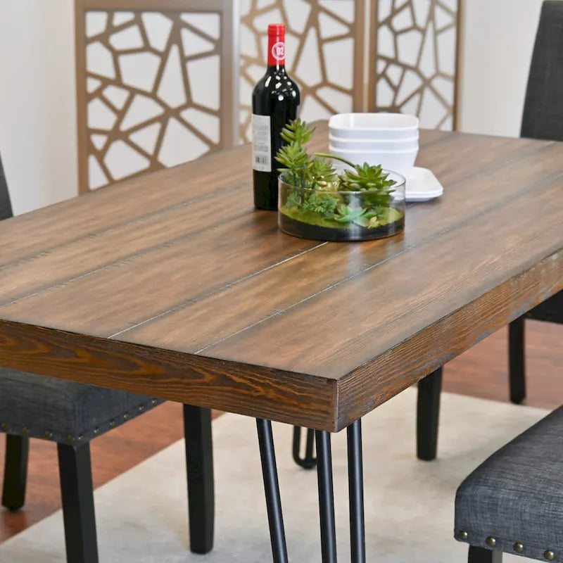 Mid-Century Modern Rectangular Dining Table with Brass Nailhead Chairs and Metallic Hairpin Legs for Kitchen Living Room