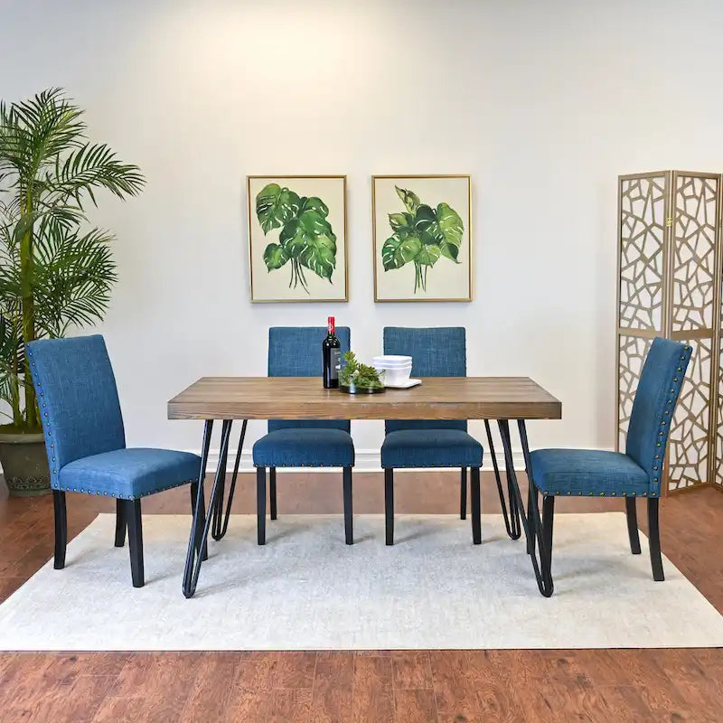 Mid-Century Modern Rectangular Dining Table with Brass Nailhead Chairs and Metallic Hairpin Legs for Kitchen Living Room