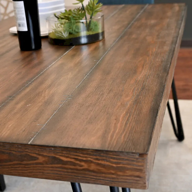 Mid-Century Modern Rectangular Dining Table with Brass Nailhead Chairs and Metallic Hairpin Legs for Kitchen Living Room
