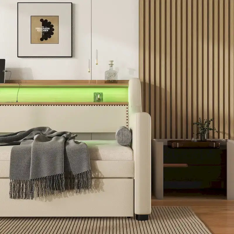 Beige Twin Size Upholstered Daybed with Trundle and LED