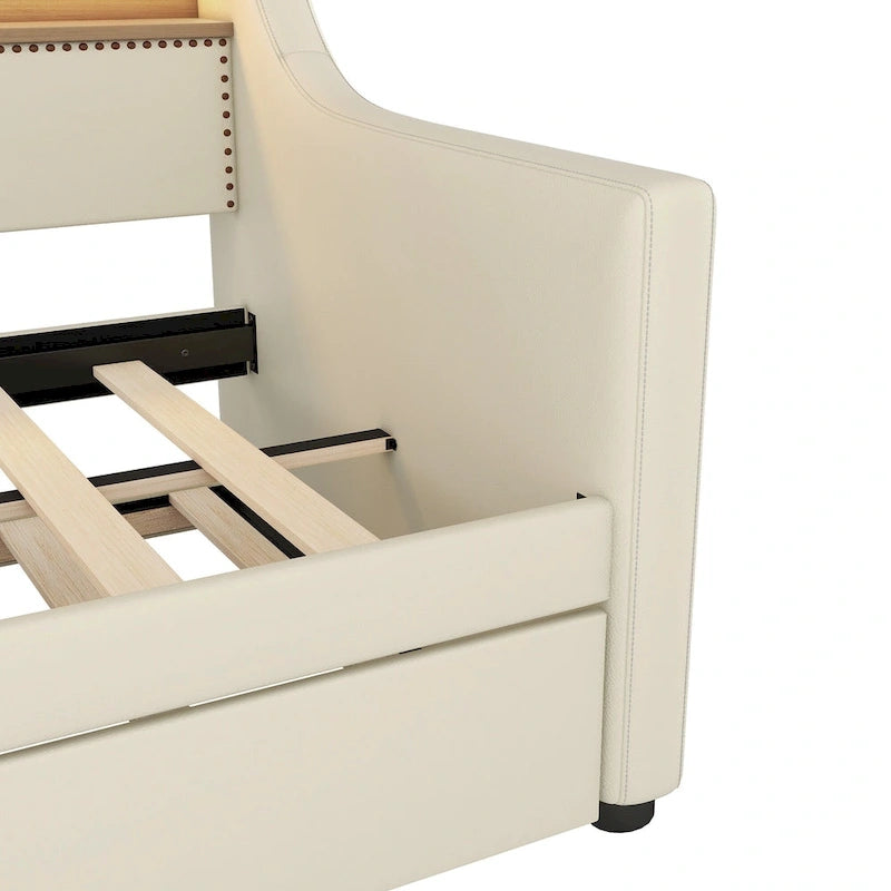 Beige Twin Size Upholstered Daybed with Trundle and LED