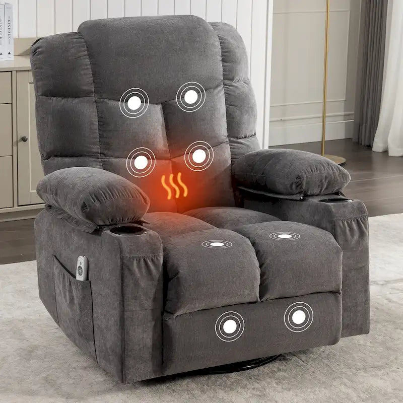 Grey Oversized Rocker Recliner with Heat & USB Charging