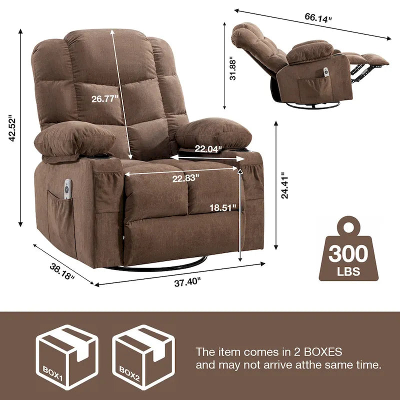 Grey Oversized Rocker Recliner with Heat & USB Charging