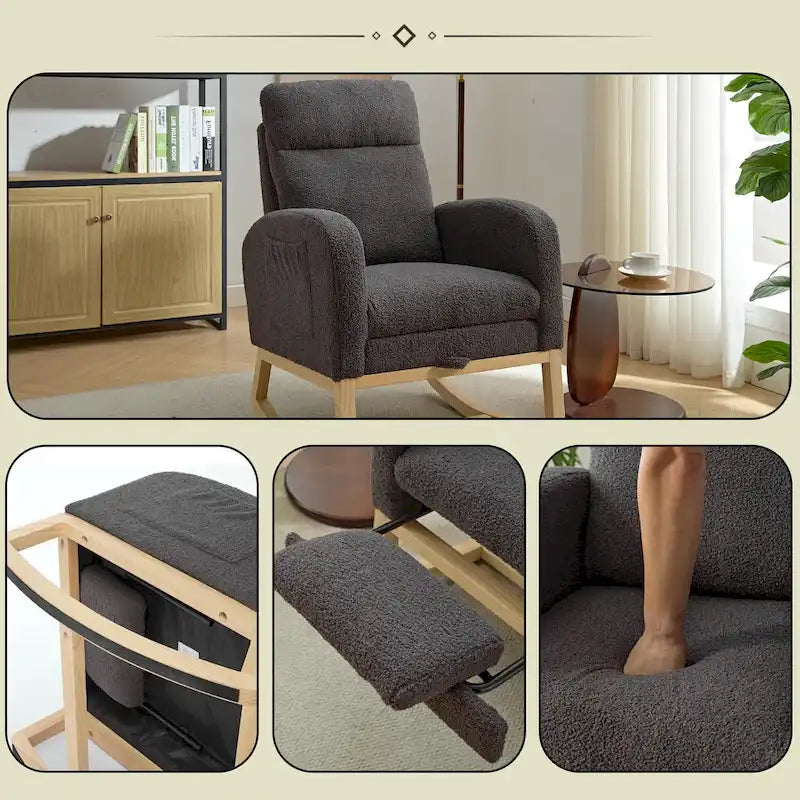 Fauteuil à bascule moderne à dossier haut rembourré de 29,5 po avec pieds en bois massif et repose-pieds réglable
