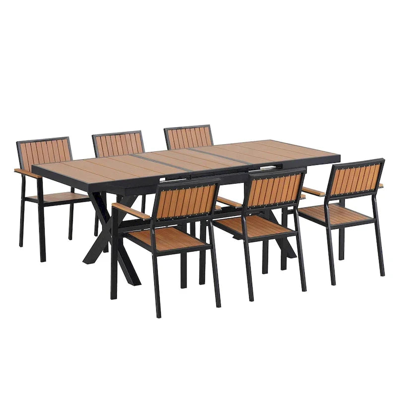 Ensemble de salle à manger extérieur extensible 7 pièces avec table extensible et 6 chaises avec accoudoirs