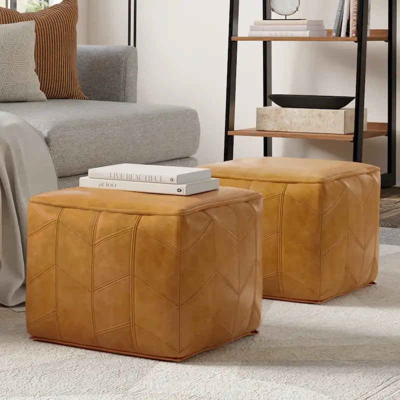 Contemporary Square Pouf in Brown Genuine Leather