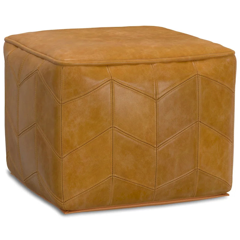Contemporary Square Pouf in Brown Genuine Leather