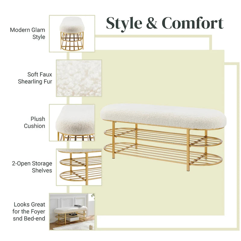 Shearling Fabric Bench w/ Shelf