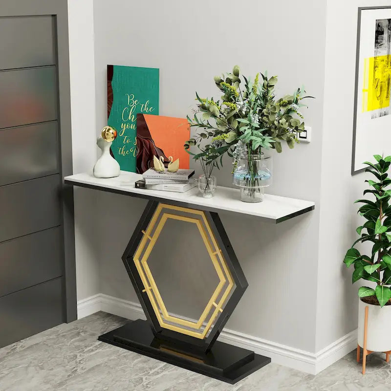 Sintered Stone Console Table with Geometric Base Sofa Table - 47.2x11.8x30.7 inch