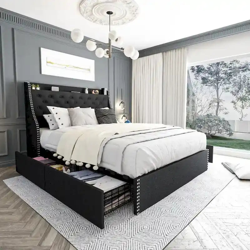 Bed Frame with 4 Storage Drawers and Headboard